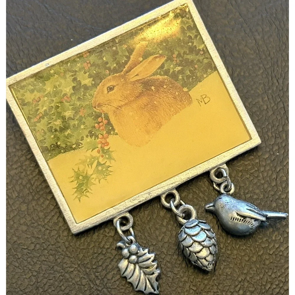 VTG Marjolein Bastin Bunny Brooch Pin Pewter Bird Holly Dangle Charms Spring
